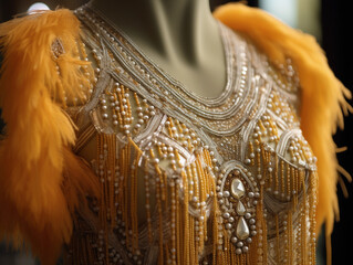 flapper dress from the 1920s, intricate beaded design, fringe details, natural light filtering through a window highlighting the textures
