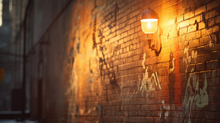 Graffiti - covered brick wall in an urban alley, illuminated by the soft glow of a vintage streetlamp