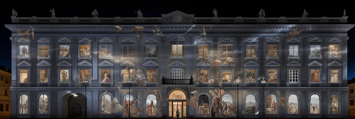 interactive digital art projection on the facade of a historical building, evening