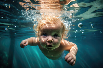 Cute little baby swimming under water. Baby swimming classes