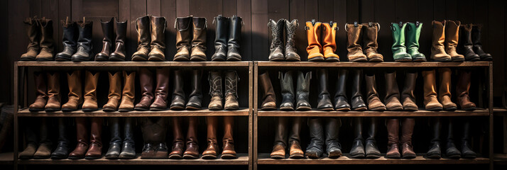 a collection of vintage leather boots, arranged neatly on a rustic wooden shelf, dark background, spotlight lighting to enhance details