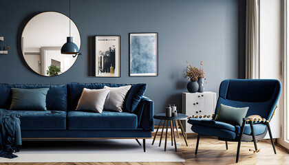 dark blue sofa and recliner chair in scandinavian apartment interior design of modern living room