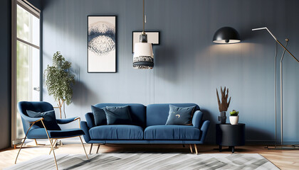 dark blue sofa and recliner chair in scandinavian apartment interior design of modern living room