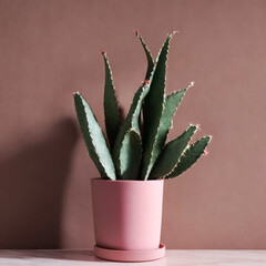 Green cactus in pink pot on marble table in front of dark pink wall