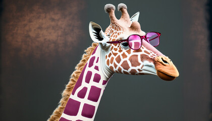 giraffe wearing the gentleman suit and pink glasses photoshoot