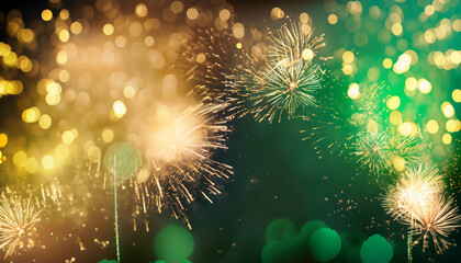 Gold and green Fireworks and bokeh in New Year eve and copy space. Abstract background holiday. - obrazy, fototapety, plakaty