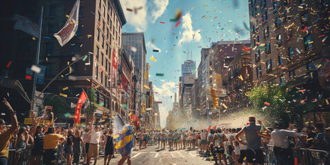 New York City ticker - tape parade, confetti falling, focus on a key float