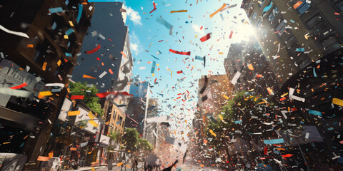 New York City ticker - tape parade, confetti falling, focus on a key float