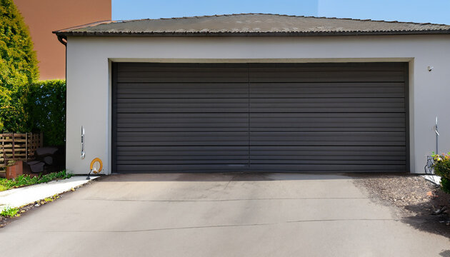 garage door with a driveway in front