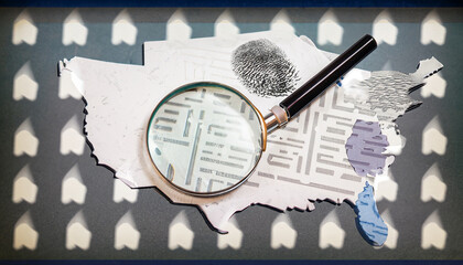 magnifier fingerprint blood drops microscope map and police form vintage background on the theme of crime police detective investigation