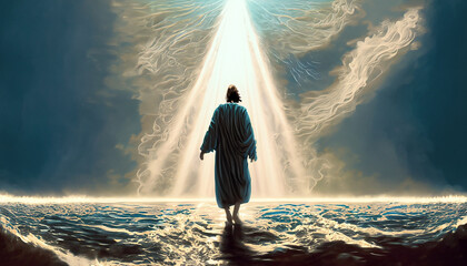 Jesus walks towards the light on the water during a violent storm. See a miracle. The concept of divine power and faith. Illustration for cover, card, postcard, interior design, decor or print