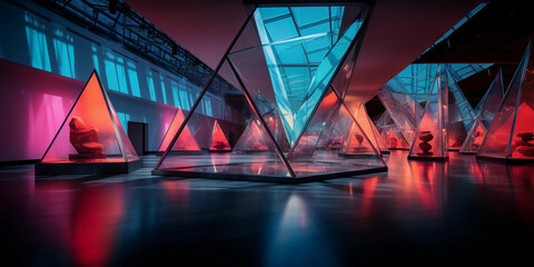 art museum modern art section, bold geometric sculptures, neon colors, glass floor with...