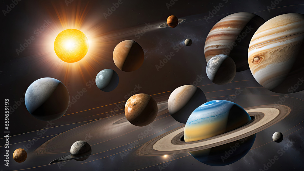 Wall mural planets and galaxies in outer space abstract background. solar system, universe science astronomy fu