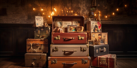 Vintage suitcases stacked aesthetically, adorned with travel stickers from the 1930s, rustic leather and metal details, warm incandescent lighting - obrazy, fototapety, plakaty