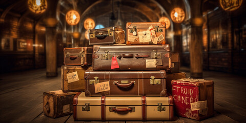 Fototapeta na wymiar Vintage suitcases stacked aesthetically, adorned with travel stickers from the 1930s, rustic leather and metal details, warm incandescent lighting