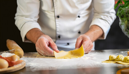professional chef hands wrapping and filling preparing ravioli dough pasta dish and arrange and decorate it as a wide banner for fine dining in italian cuisine food restaurant concepts - obrazy, fototapety, plakaty