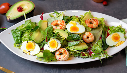 rich plates of salad from green leaves mix and vegetables with avocado or eggs chicken and shrimps 