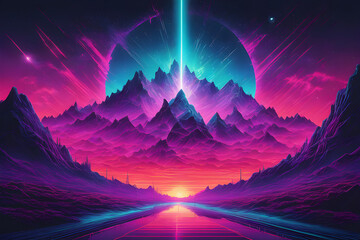 Neon glowing sun and neon sky with big neon mountain and a human | Synthwave / Retrowave / Vaporwave Background	