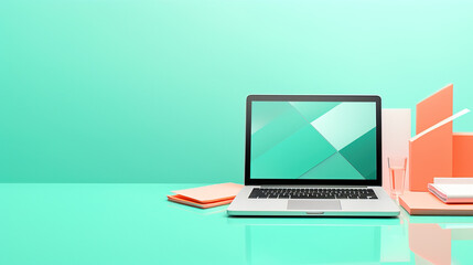 Laptop demo with pastel colors and background, copy space for text or advertising