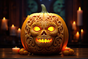 Grand pumpkin lantern emitting a soft luminescence amid a dark environment