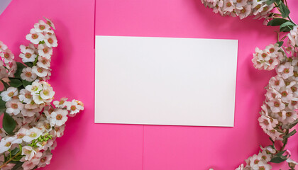 White blank greeting card on the pink background with flowers, love letter