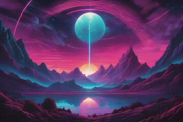 Neon glowing sun and neon sky with big neon mountain  | Synthwave / Retrowave / Vaporwave Background	