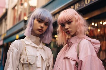Intense portrait of two young females with pastel-colored hair in urban surroundings