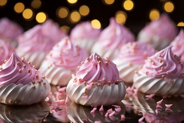 Meringue decorated in pink and white, adorned and lit up. Generative AI