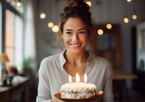 Beautiful smiling young woman holding birthday cake with candles