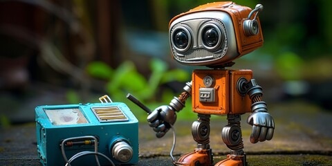 Fototapeta premium Cute AI: A Small Electric Toolbox Robot with a Wrench, Demonstrating Innovation in Harmless AI Technology, Ready to Assist and Bring Cuteness to Tasks