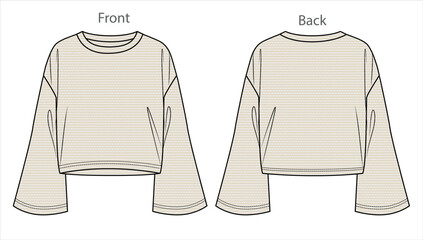 Vector long sleeved oversized top fashion CAD, woman boxy shape round neck with bell sleeves sweatshirt technical drawing, template, mock up, flat. Mesh sweater with front, back view, white color - obrazy, fototapety, plakaty