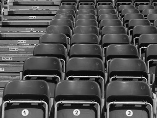 Identical chairs in the stands, black and white photograph.