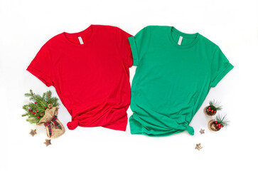 Flat lay group mockup of red and green tshirt with Christmas accessories. X mas 2 t shirt top view...