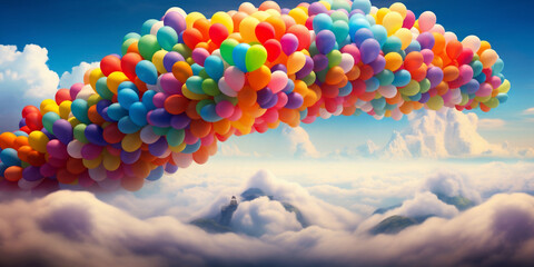A large bouquet of rainbow colored balloons in cloudy sky. Copy space
