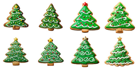 Festive Set of Sugar Cookies with Christmas Tree Design on transparent background, png - Generative AI