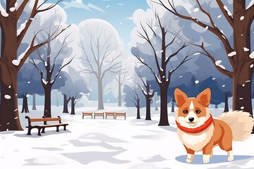 Corgi in a red scarf poses against the backdrop of a winter forest.