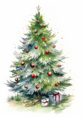 Christmas tree watercolor illustration isolated on white. Presents sitting on grass under the tree.