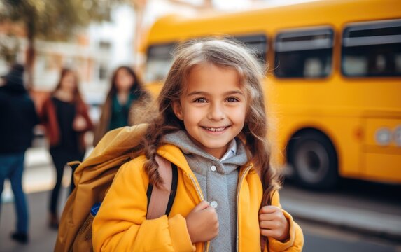 Smiling and happy child girl with her backpack and a book in her hand in front of school bus