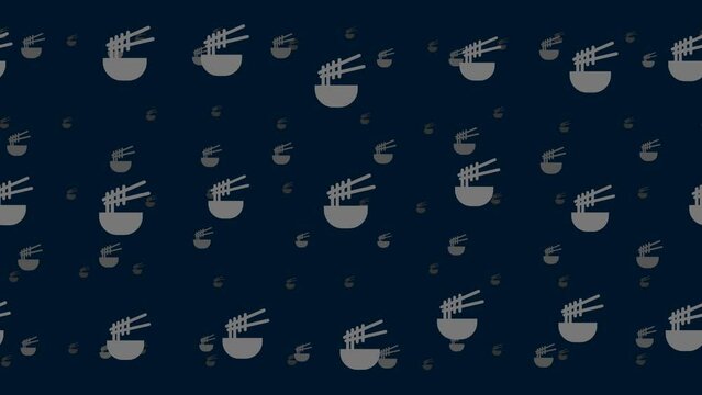 Noodle symbols float horizontally from left to right. Parallax fly effect. Floating symbols are located randomly. Seamless looped 4k animation on dark blue background