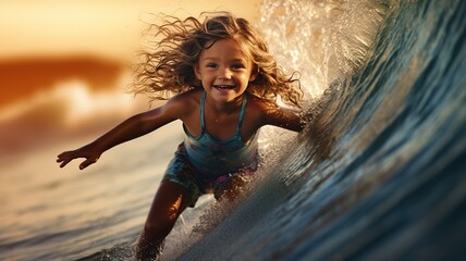 portrait of a caucasian young long-haired curly girl surfer on a wave in Bali. child surfing AI