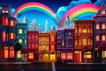 City view with rainbow in sky above colorful houses. LGBTQ symbolism. Copy space