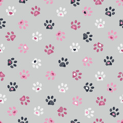 Pink paw prints with hearts seamless pattern - 659662338