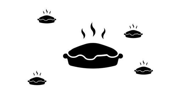 Zoom in and out animation the hot pie symbol. Large black symbol in the center and four small symbols around. Seamless looped 4k animation on white background