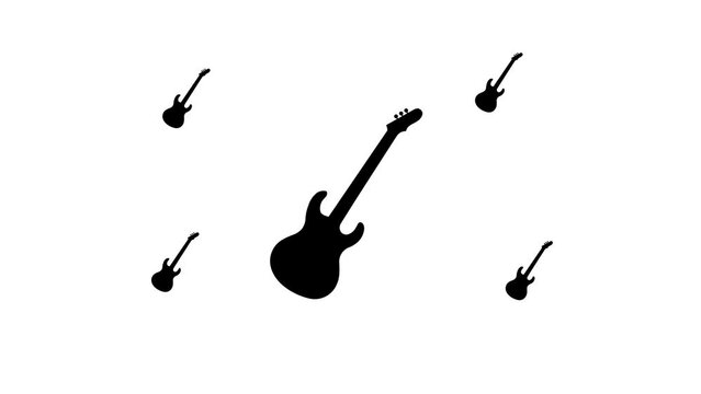 Zoom in and out animation the guitar symbol. Large black symbol in the center and four small symbols around. Seamless looped 4k animation on white background