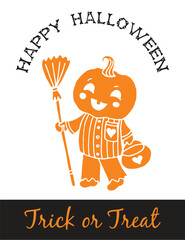 Jack-O-Lantern baby pumpkin head with broom on white background for Halloween card