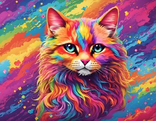 Mystical painted rainbow cat on rainbow background. Ai Generated