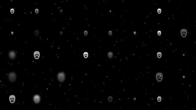 Template animation of evenly spaced gorilla heads of different sizes and opacity. Animation of transparency and size. Seamless looped 4k animation on black background with stars