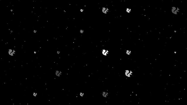 Template animation of evenly spaced squirrel symbols of different sizes and opacity. Animation of transparency and size. Seamless looped 4k animation on black background with stars