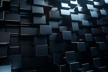 Arrangement of shiny tiles forming a futuristic wall. Intricate 3D black block background. Computer-generated imagery. Generative AI