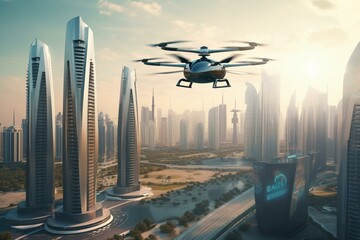 A futuristic city in Dubai with flying cars and advanced drones. Generative AI - obrazy, fototapety, plakaty
